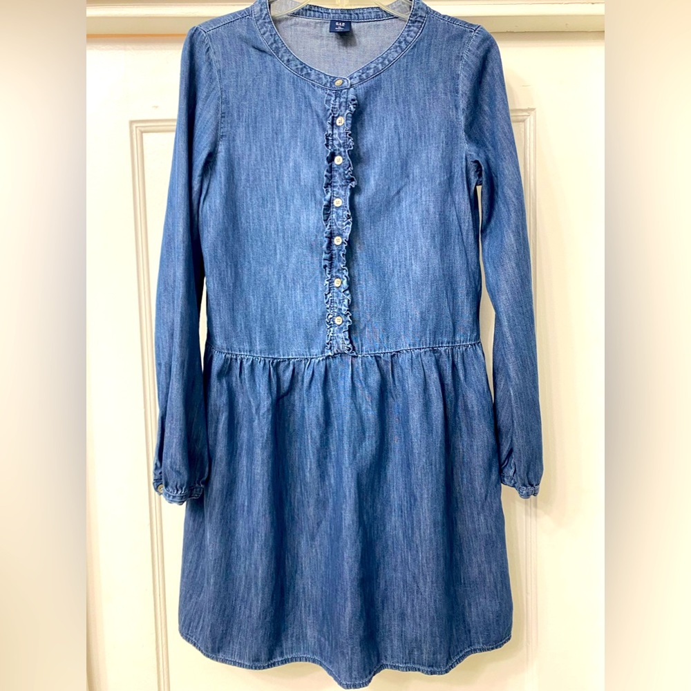 [EUC] Gap Kids, long sleeve chambray ruffle shirt dress w/drop waist, size XL.